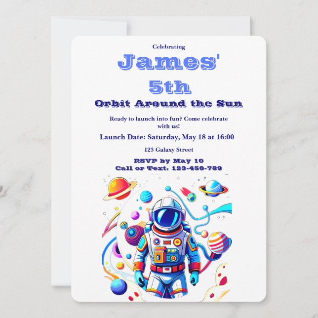 5 Year Old Space Birthday Custom Astronaut Orbit  Inbjudningar (Framsida)