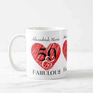 5O och Fabulous Birthday Black Script Red Heart Kaffemugg