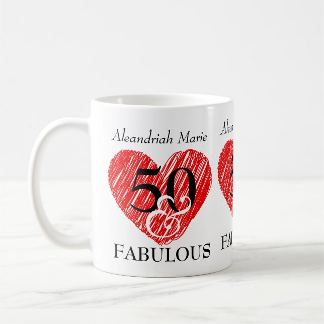 5O och Fabulous Birthday Black Script Red Heart Kaffemugg (Vänster)