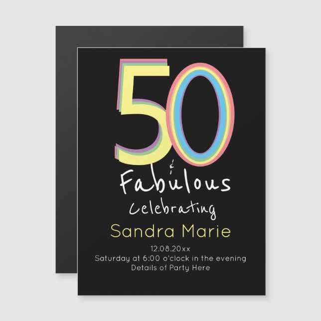 5O och Fabulous Black Gult Rainbow Chic Birthday Magnetisk Inbjudningskort (Fram/baksida)
