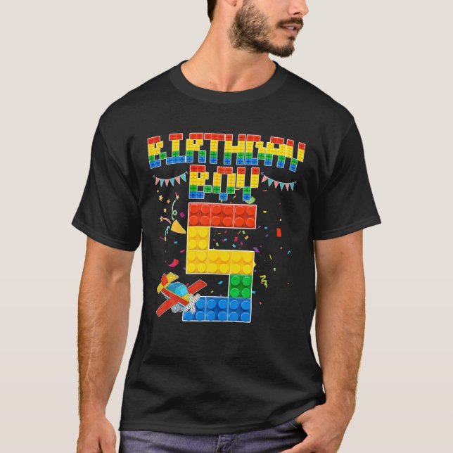 5Th Birthday Boy Building Brick 5 Years Old Blocks T Shirt (Framsida)
