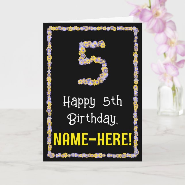 5th Birthday: Floral Flowers Number, Custom Name Kort (Orkide)