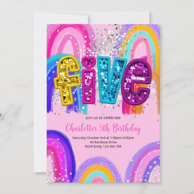 5th Birthday Sequin Rainbow Party Invitation Inbjudningar (Framsida)