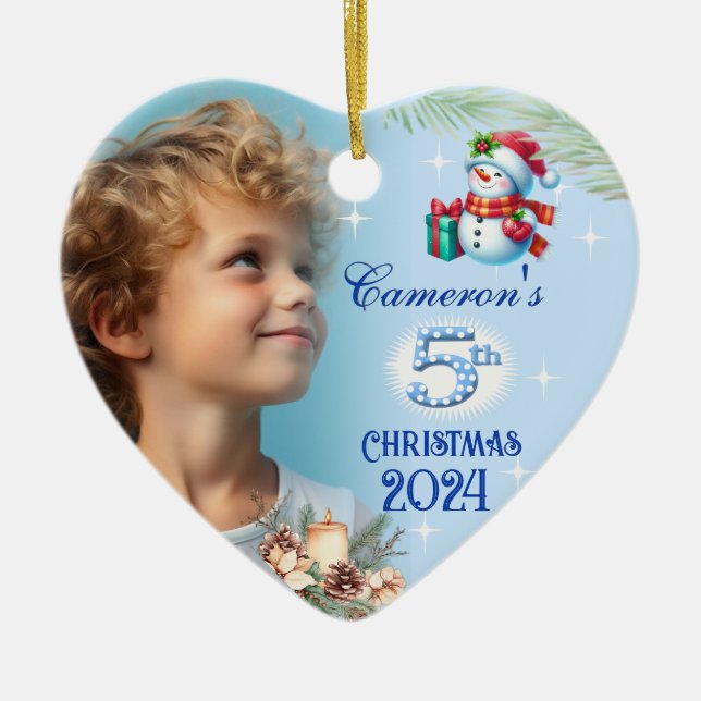 5th Christmas Personalised Boy's Photo Heart Gift Julgransprydnad Keramik (Framsidan)