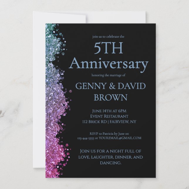 5th Wedding Anniversary Blue Purple Faux Glitter  Inbjudningar (Framsida)