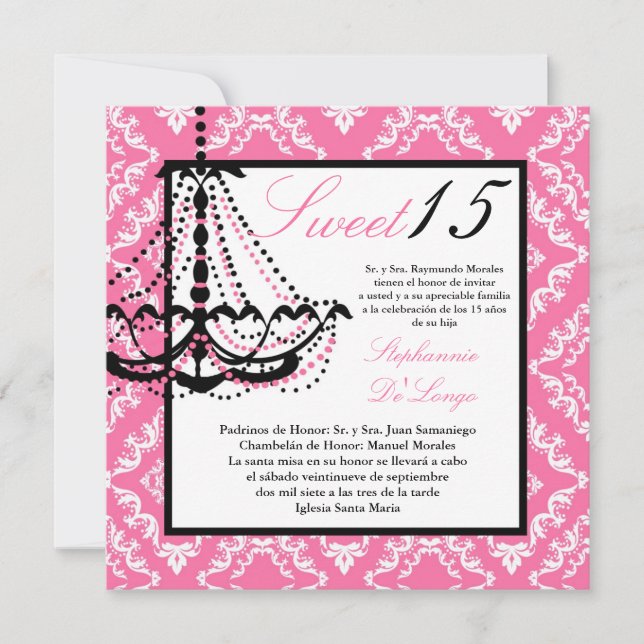 5x5 Rosa Chandelier Quinceanera-inbjudan Inbjudningar (Framsida)