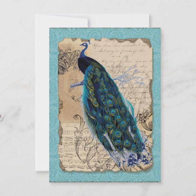 5x7 Antik Påfågel Vintage Bröllopsinbjudan Inbjudningar (Framsida)