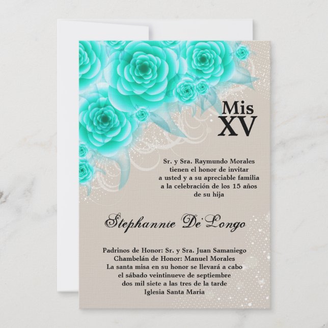 5x7 Aqua Rosor Quinceanera Birthday Inbjudan (Framsida)