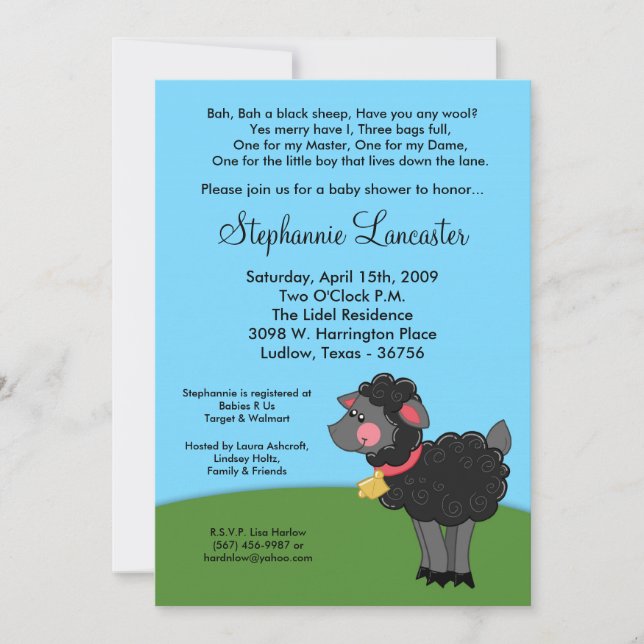 5x7 Bah Black Sheep Nursery Baby Shower-inbjudan Inbjudningar (Framsida)