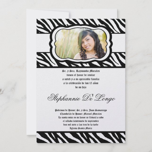 5x7 Blac Zebra tryck Patter Quinceanera-inbjudan Inbjudningar (Framsida)