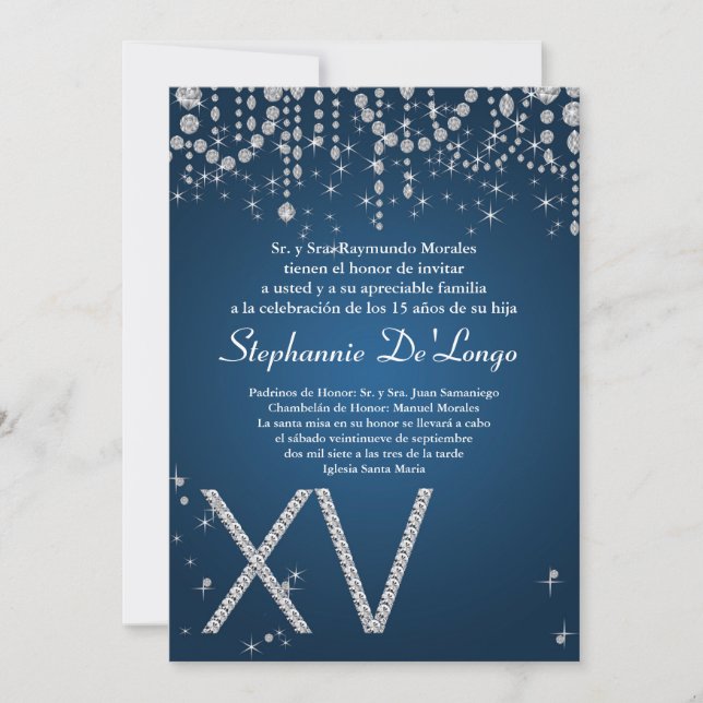 5x7 Blått Diamond Quinceanera Birthday Inbjudan (Framsida)