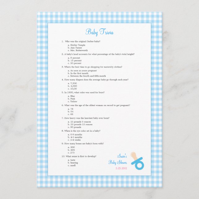 5x7 Blue Gingham Trivia Shower Game (Framsida)
