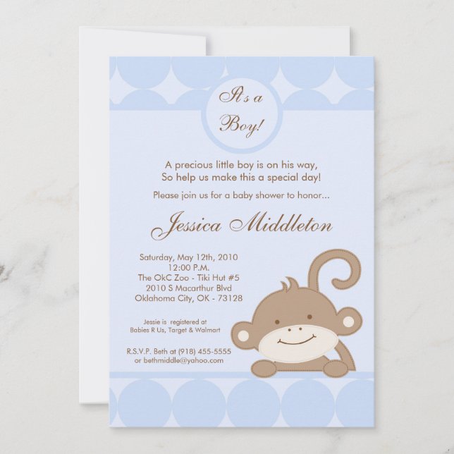 5x7 Bog Blu PolkaDot Monkey Baby Shower-inbjudan Inbjudningar (Framsida)