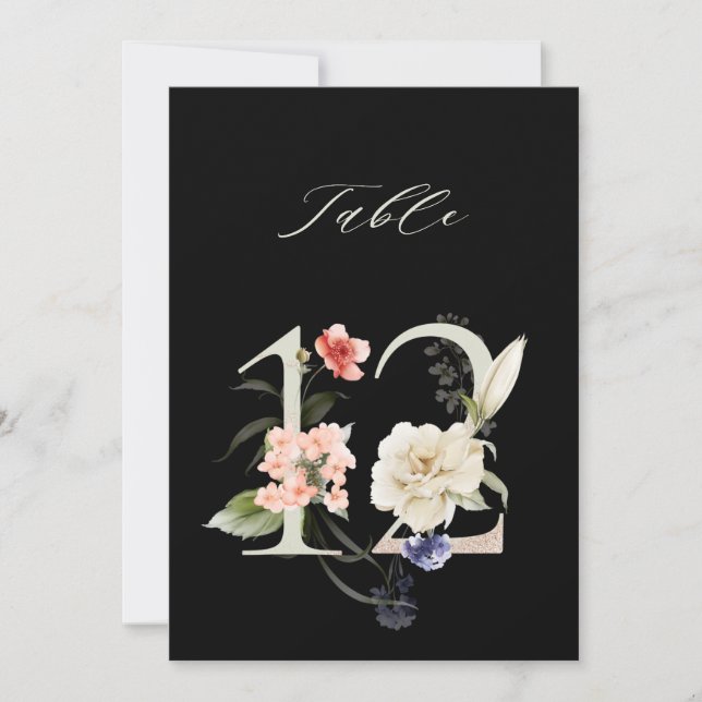 5x7 Botanical Floral Number 12, Black Table Number Inbjudningar (Framsida)
