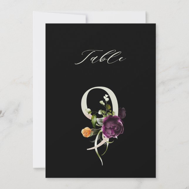 5x7 Botanical Floral Number 9, Black Table Number Inbjudningar (Framsida)