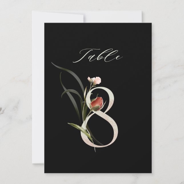 5x7 Botanisk Blommig Nummer 8, Svart Bordskort (Framsida)
