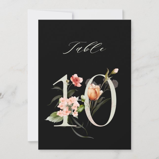 5x7 Botaniskt Blommigt Nummer 10, Svart Bordskort (Framsida)