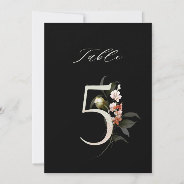5x7 Botaniskt Blommotiv Nummer 5, Svart Bordsskylt Inbjudningar (Framsida)