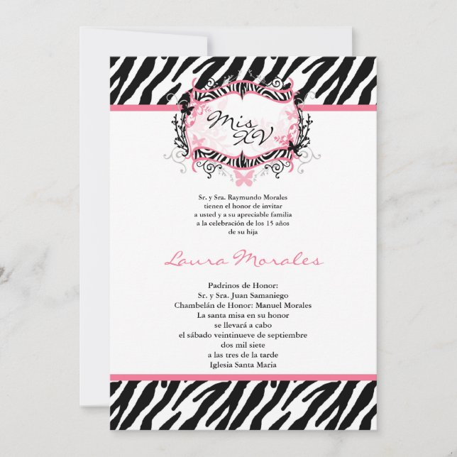 5x7 Butterfly Zebra tryck Quinceanera-inbjudan Inbjudningar (Framsida)