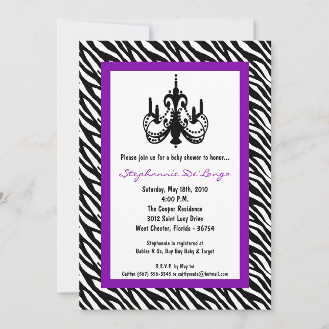 5x7 Chandelier Lila Zebra Baby Shower-inbjudan Inbjudningar (Framsida)