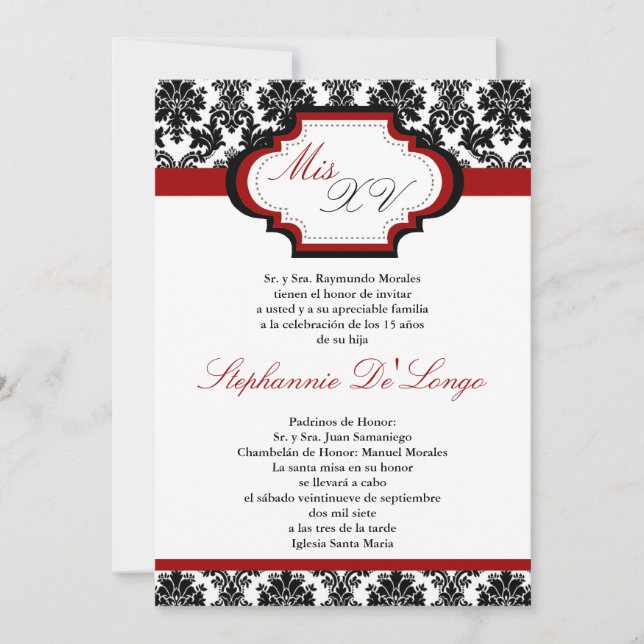 5x7 Crimson Red Damask Quinceanera-inbjudan Inbjudningar (Framsida)