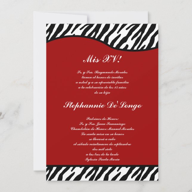 5x7 Crimson Red Zebra Quinceanera Party Inbjudan (Framsida)