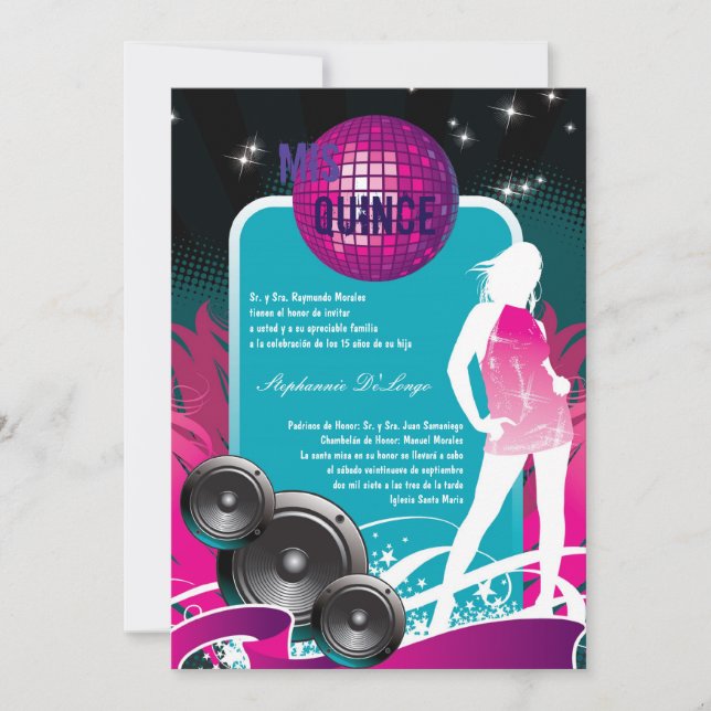 5x7 DJ Dance Party Girl Quinceanera-inbjudan Inbjudningar (Framsida)
