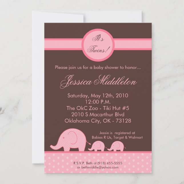5x7 Flick Tvillingar Mod Elefant Baby Shower Inbju Inbjudningar (Framsida)