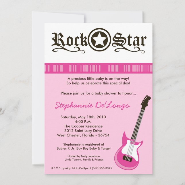 5x7 Flickans Rosa Sten Guitar Baby Shower-inbjudan Inbjudningar (Framsida)