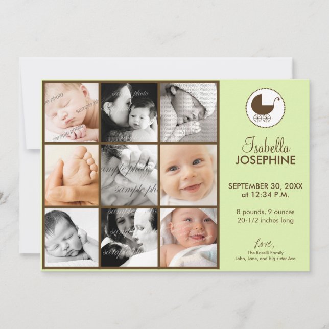 5x7 Fotokollage Lime Baby Födelse Meddelande (Framsida)
