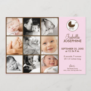 5x7 Fotokollage Rosa Baby Födelse Meddelande