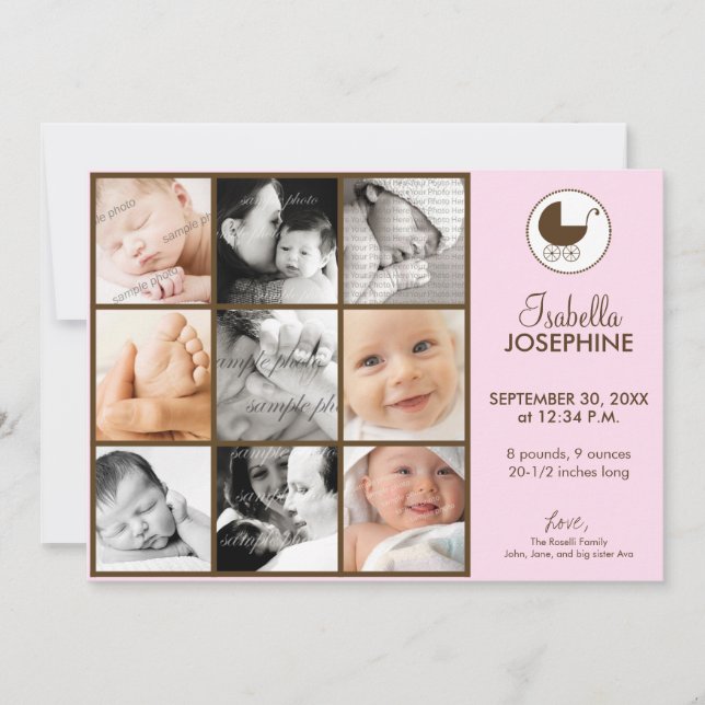 5x7 Fotokollage Rosa Baby Födelse Meddelande (Framsida)