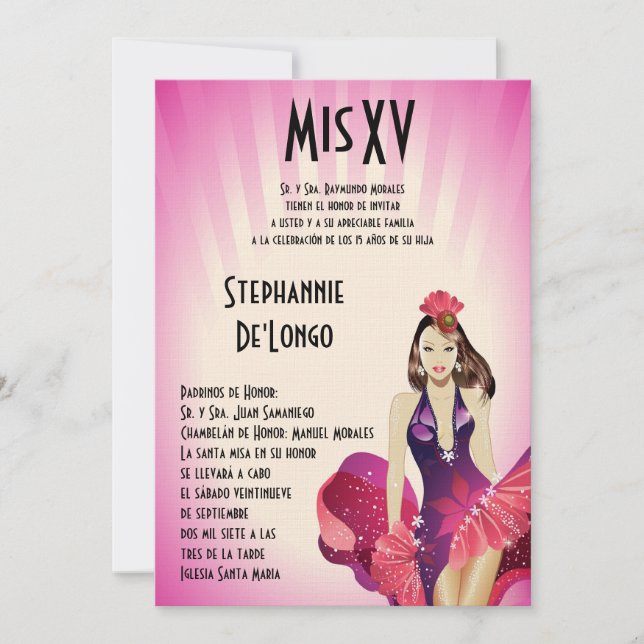 5x7 Glamor Girl Quinceanera Birthday-inbjudan Inbjudningar (Framsida)