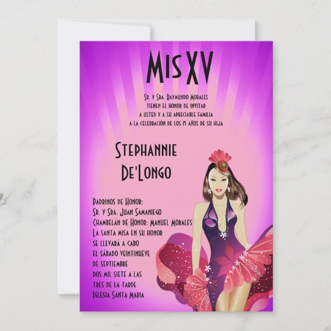5x7 Glamor Girl Quinceanera Birthday-inbjudan Inbjudningar (Framsida)