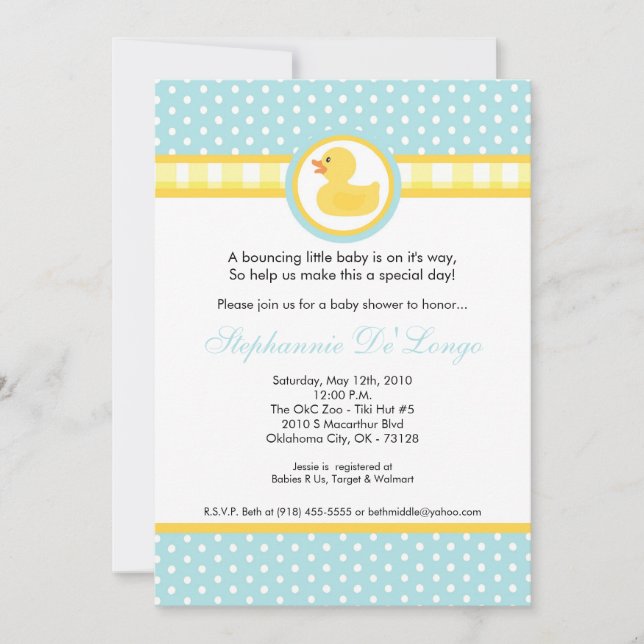 5x7 Gult Rubber Ducky Baby Shower-inbjudan Inbjudningar (Framsida)