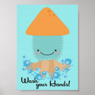 5x7 Havsbläckfisk Tvätta Händer Batroom Wall Art Poster