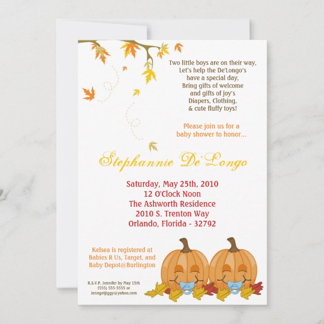 5x7 Höst löv inbjudan till TWIN Boy Baby Shower (Framsida)