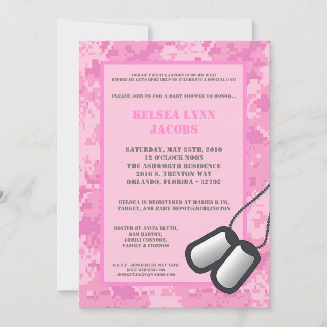 5x7 Inbjudan till babyvisningsprogrammet Rosa ARMY (Framsida)