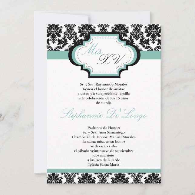 5x7 Inbjudan till Blue Damask Quinceanera (Framsida)