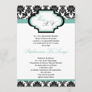 5x7 Inbjudan till Blue Damask Quinceanera