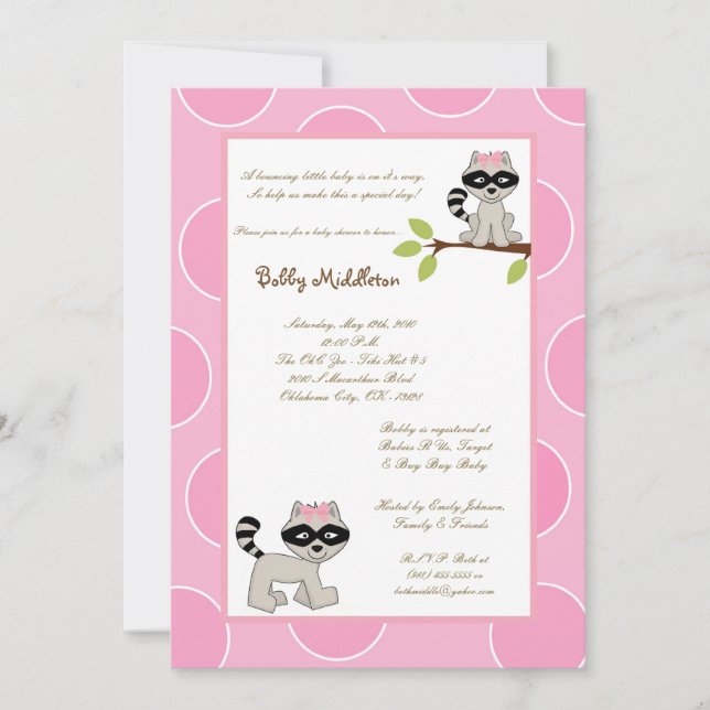5x7-inbjudan till Rosa Girls Racoon Baby Shower Inbjudningar (Framsida)