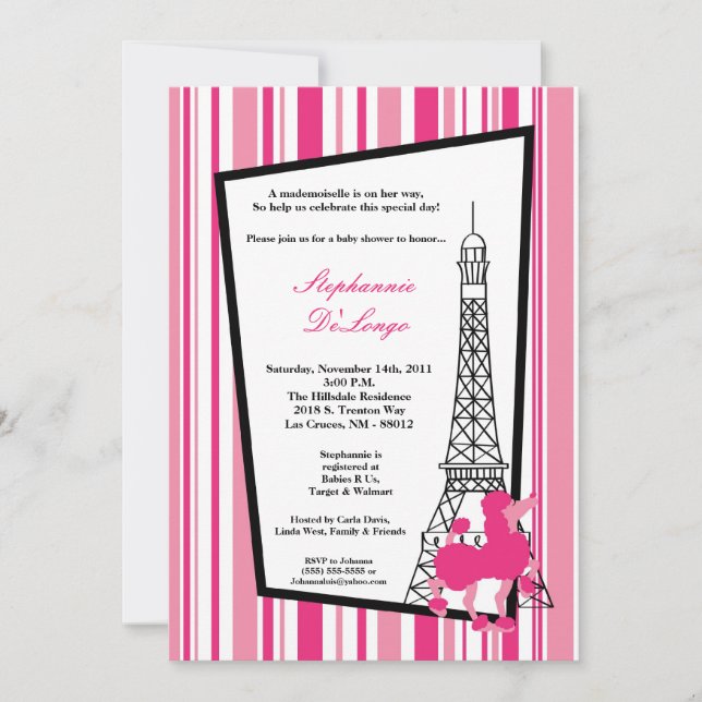 5x7 Inbjudan till Rosa Pudel Paris Babykläder (Framsida)