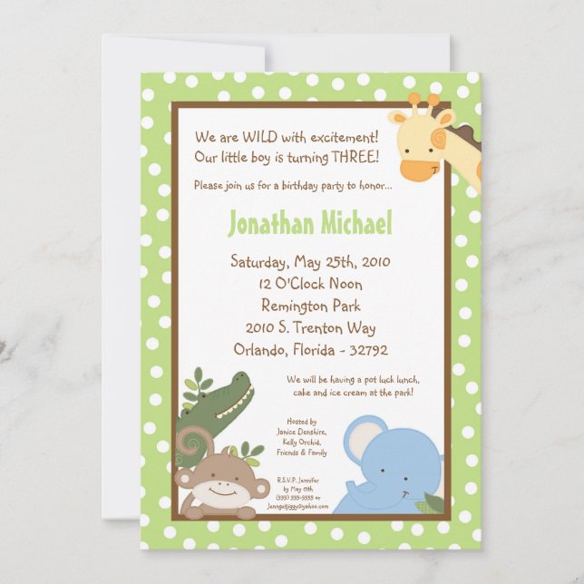 5x7 Inbjudan till Safari Jungle ZooAnimal Birthday (Framsida)
