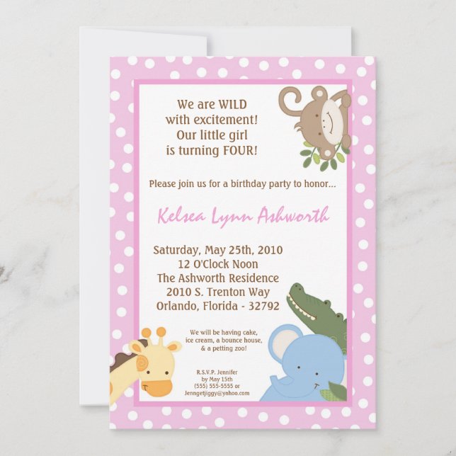 5x7 Inbjudan till Safari Jungle ZooAnimal Birthday (Framsida)