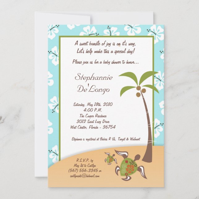 5x7 Inbjudan till Tropical Turtle Mamma Baby Showe (Framsida)