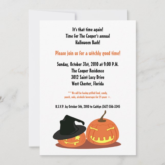 5x7-inbjudan till Witch Pumpkins Halloween Bash Pa Inbjudningar (Framsida)