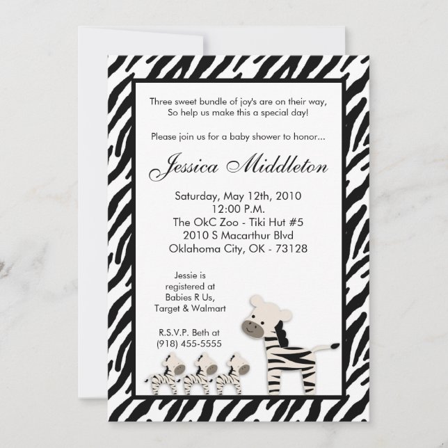 5x7 Inbjudan till Zebra Momma TRIPLET Baby Shower (Framsida)