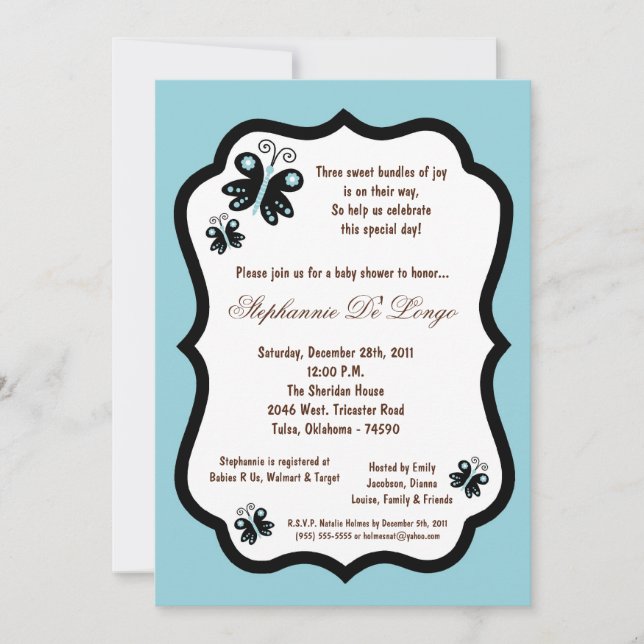 5x7 Light Blue Butterfly Baby Shower Inbjudningar (Framsida)