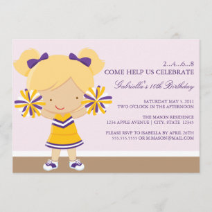 5x7 Lila/Guld Cheerleader Födelsedagsfest Inbjudan