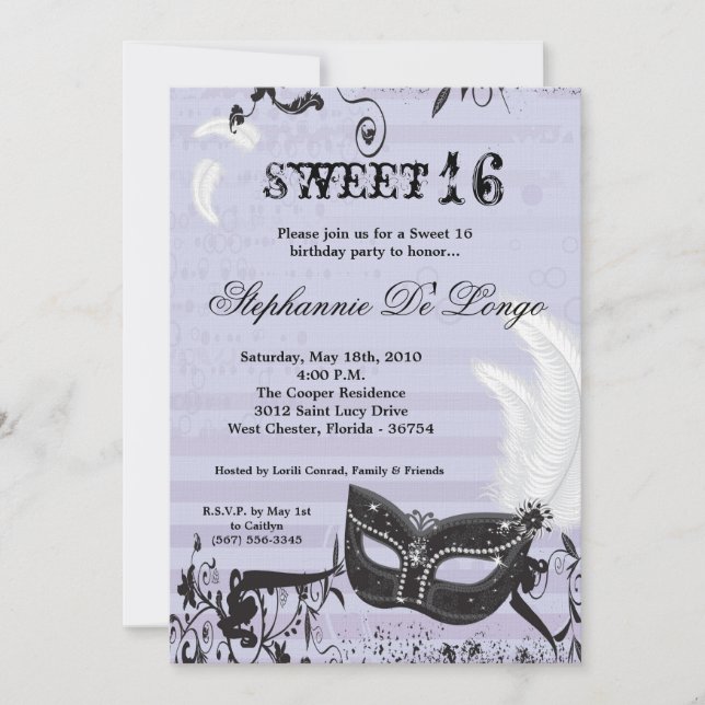 5x7 Lilac Masquerad Sweet 16 födelsedagsinbjudan Inbjudningar (Framsida)